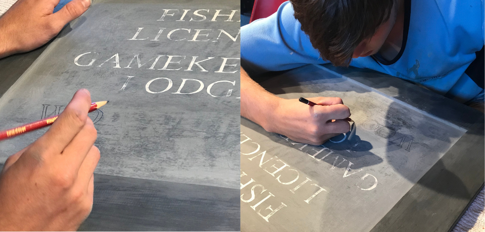 Oscar Learning Traditional Hand Lettering Oscar Groth learning traditional hand lettering techniques under the guidance of Amos Groth as part of the Groth & Sons family tradition of craftsmanship.
