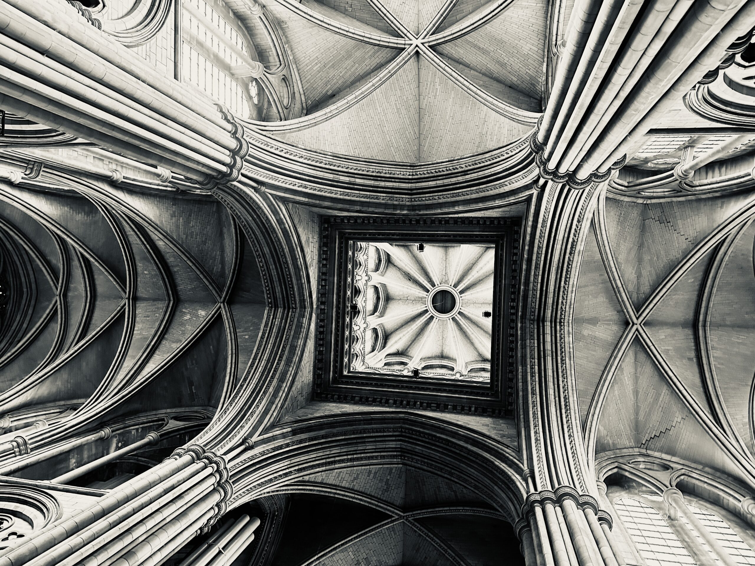Gothic cathedral architecture viewed from below